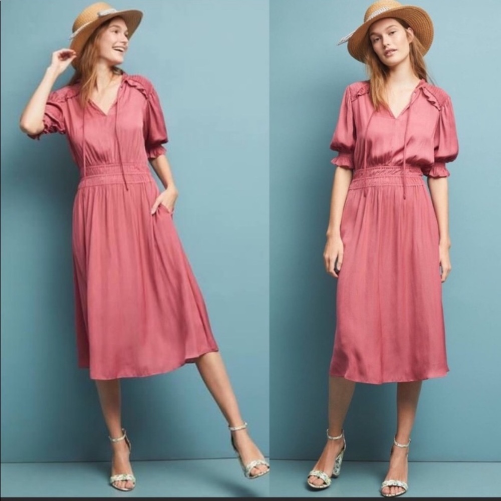 Anthropology Current Air Cape May Midi Smocked Dress in Pink, Rose size L